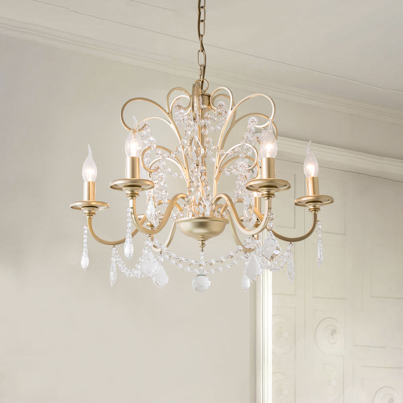 Gold Swooping Arm Chandelier Light Countryside Crystal Ceiling Lamp - Rebooters