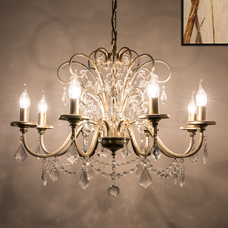 Gold Swooping Arm Chandelier Light Countryside Crystal Ceiling Lamp - Rebooters