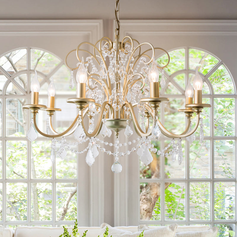 Gold Swooping Arm Chandelier Light Countryside Crystal Ceiling Lamp - Rebooters