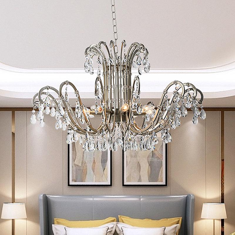 5/8 Lights Chandelier Minimalism Swooping Arm Crystal Pendant Light Kit in Aged Silver - Rebooters