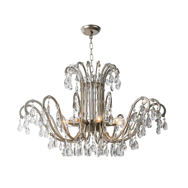 5/8 Lights Chandelier Minimalism Swooping Arm Crystal Pendant Light Kit in Aged Silver - Rebooters