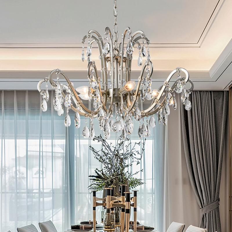 5/8 Lights Chandelier Minimalism Swooping Arm Crystal Pendant Light Kit in Aged Silver - Rebooters