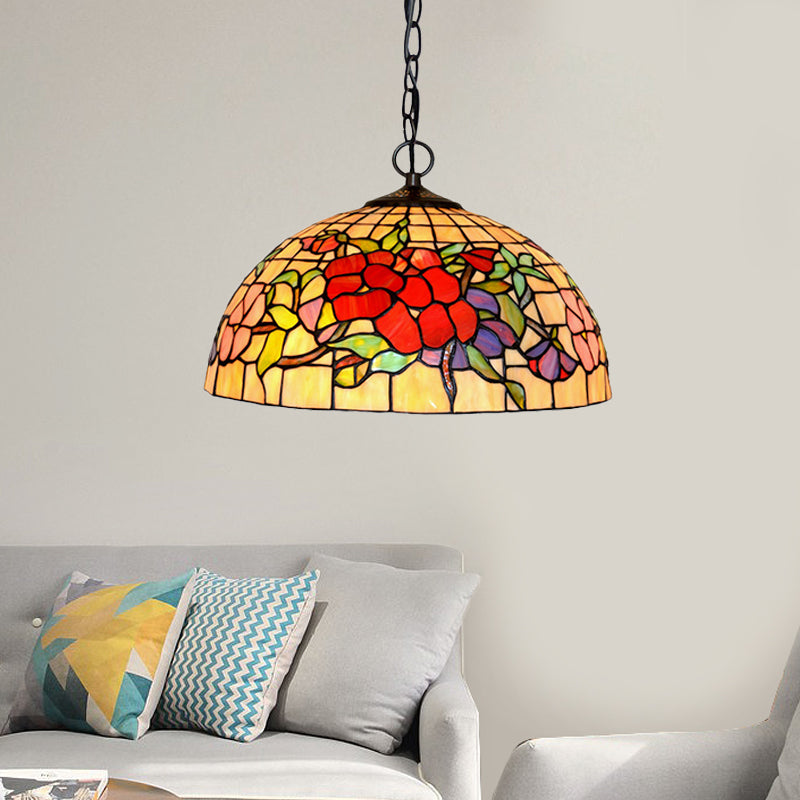 2 Lights Floral Ceiling Chandelier Tiffany-Style Red Pink Stained Glass Lamp for Kitchen - Rebooters