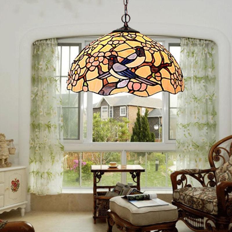 2 Lights Floral Ceiling Chandelier Tiffany-Style Red Pink Stained Glass Lamp for Kitchen - Rebooters