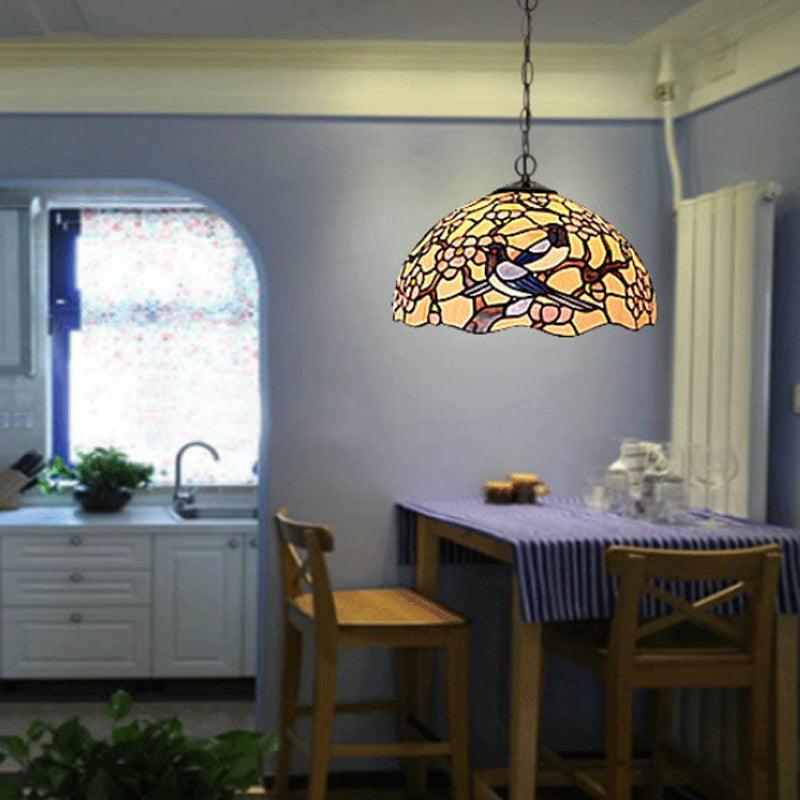 2 Lights Floral Ceiling Chandelier Tiffany-Style Red Pink Stained Glass Lamp for Kitchen - Rebooters