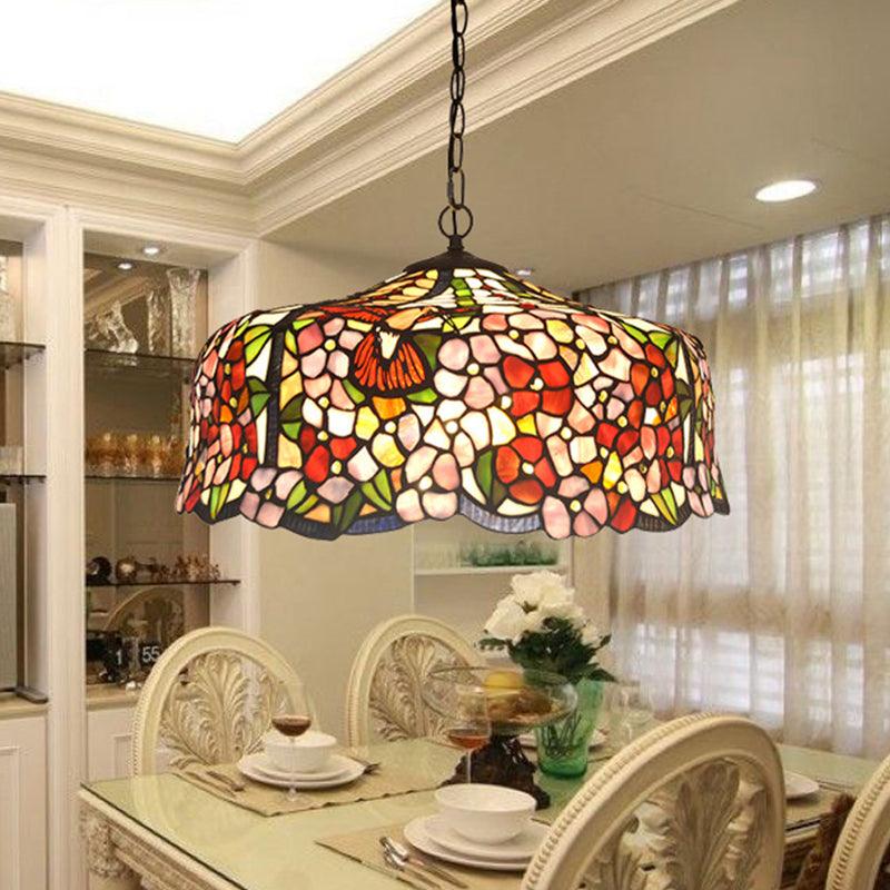 2/3 Lights Floral Ceiling Chandelier Tiffany-Style Red Stained Glass Hanging Light Kit 19.5 Inch Wide - Rebooters