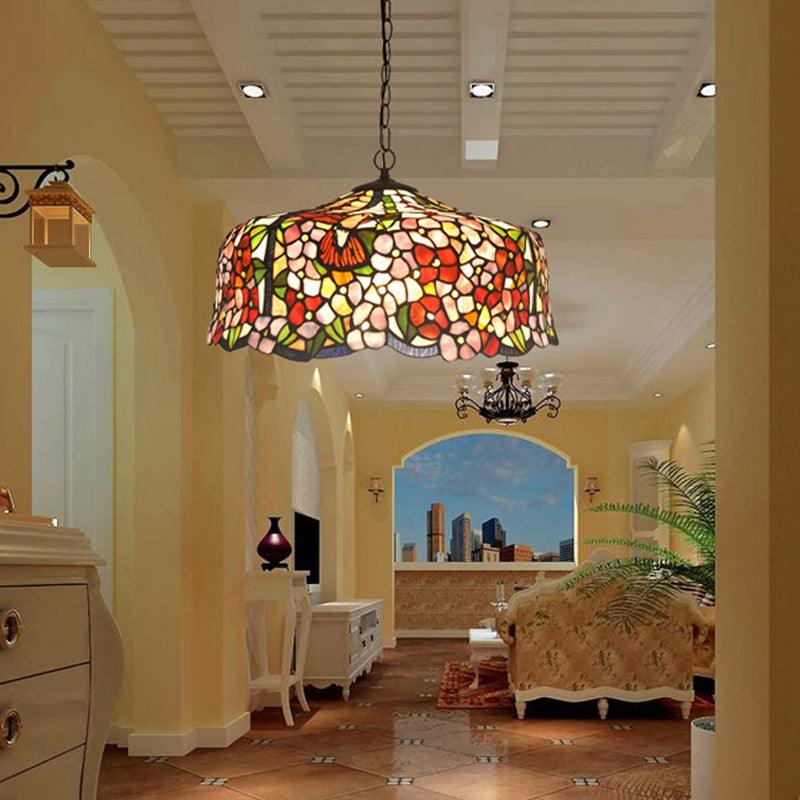 2/3 Lights Floral Ceiling Chandelier Tiffany-Style Red Stained Glass Hanging Light Kit 19.5 Inch Wide - Rebooters