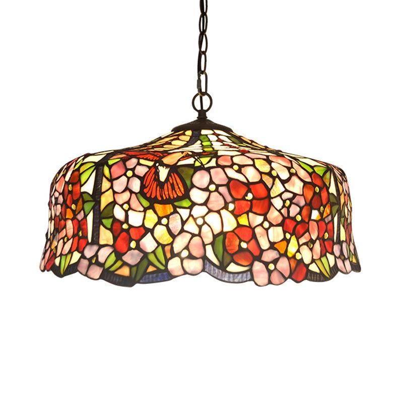 2/3 Lights Floral Ceiling Chandelier Tiffany-Style Red Stained Glass Hanging Light Kit 19.5 Inch Wide - Rebooters