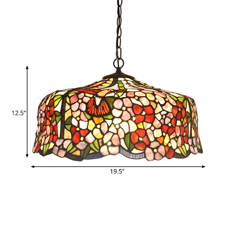 2/3 Lights Floral Ceiling Chandelier Tiffany-Style Red Stained Glass Hanging Light Kit 19.5 Inch Wide - Rebooters