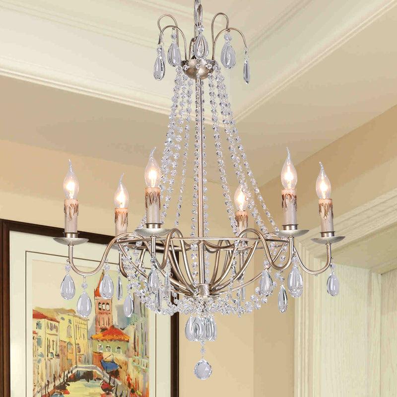6 Lights Crystal Chandelier Light Fixture Simple Silver Candelabra Ceiling Lamp - Rebooters