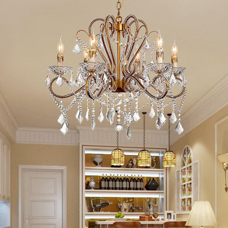 6/8 Lights Curving Chandelier Lighting Rural Style Brass Crystal Ceiling Light - Rebooters