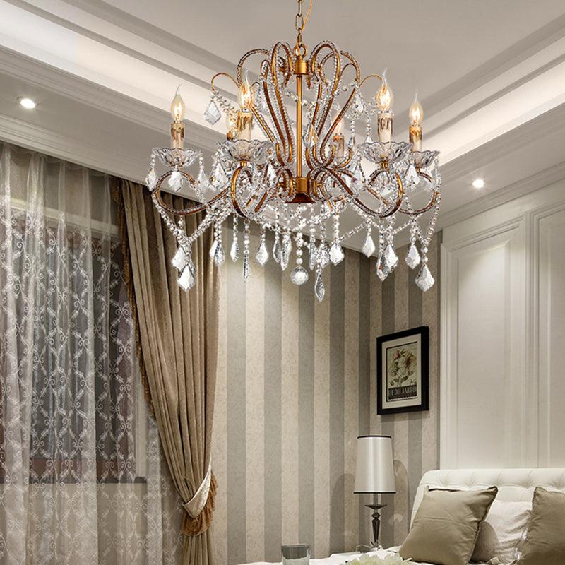6/8 Lights Curving Chandelier Lighting Rural Style Brass Crystal Ceiling Light - Rebooters