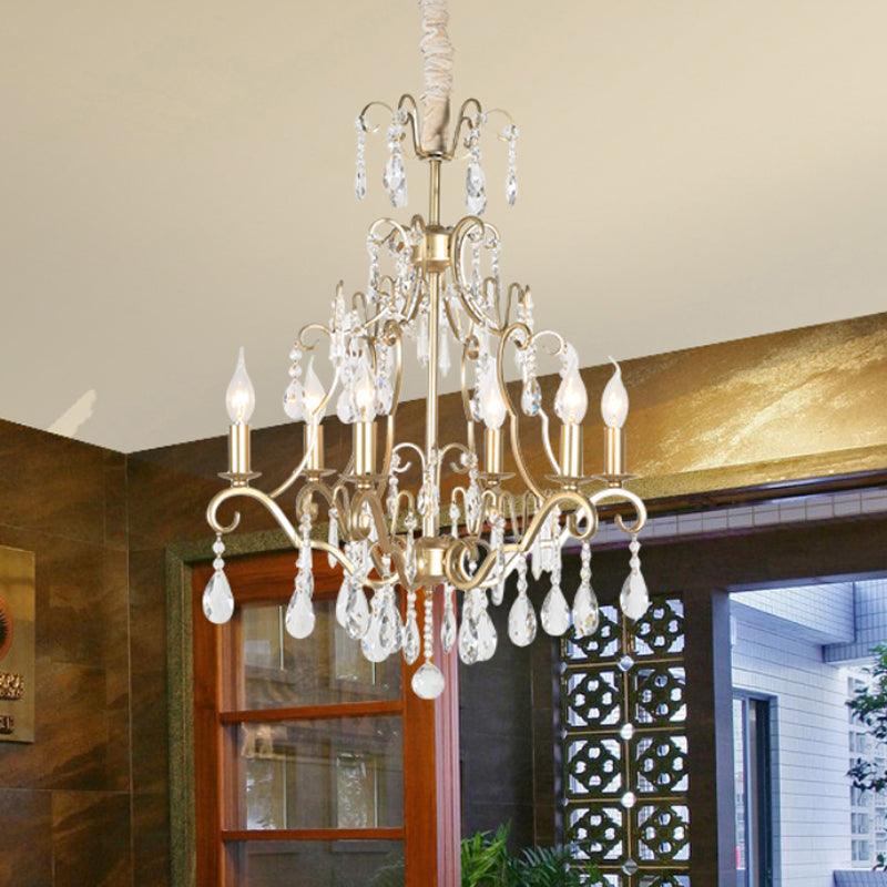 6 Lights Chandelier Lamp Lodge Curvy Arm Crystal Pendant Light Fixture in Gold - Rebooters