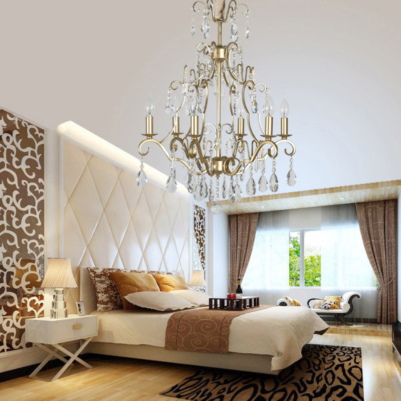 6 Lights Chandelier Lamp Lodge Curvy Arm Crystal Pendant Light Fixture in Gold - Rebooters