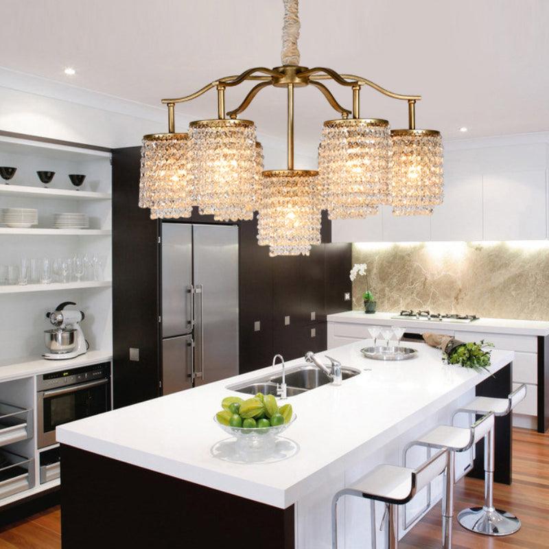 Crystal Cylinder Chandelier Light Fixture Rural 7 Heads Brass - Rebooters