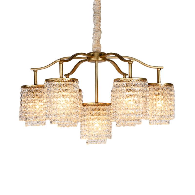 Crystal Cylinder Chandelier Light Fixture Rural 7 Heads Brass - Rebooters
