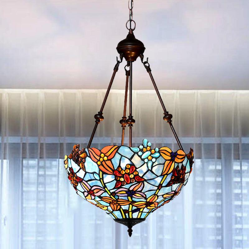 2 Lights Blossom Chandelier Lamp Tiffany Style Red Blue Stained Glass - Rebooters