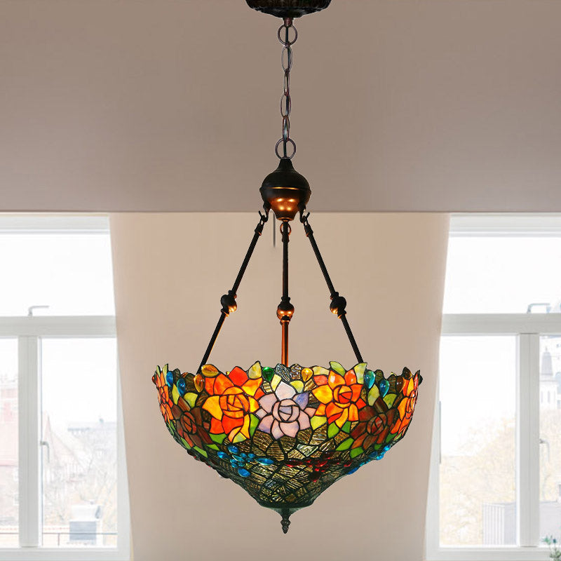 3 Lights Chandelier Pendant Light Mediterranean Flower Stained Art Glass Hanging Lamp - Rebooters