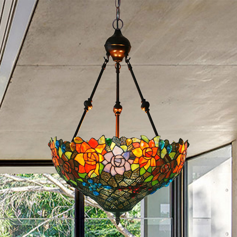 3 Lights Chandelier Pendant Light Mediterranean Flower Stained Art Glass Hanging Lamp - Rebooters