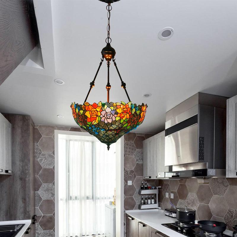 3 Lights Chandelier Pendant Light Mediterranean Flower Stained Art Glass Hanging Lamp - Rebooters