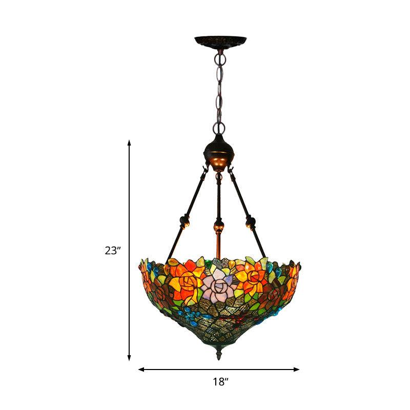 3 Lights Chandelier Pendant Light Mediterranean Flower Stained Art Glass Hanging Lamp - Rebooters