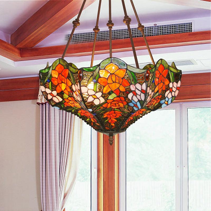 3 Lights Chandelier Pendant Light Mediterranean Flower Stained Art Glass Hanging Lamp - Rebooters
