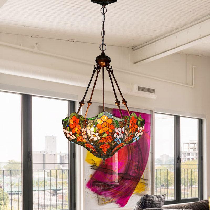 3 Lights Chandelier Pendant Light Mediterranean Flower Stained Art Glass Hanging Lamp - Rebooters