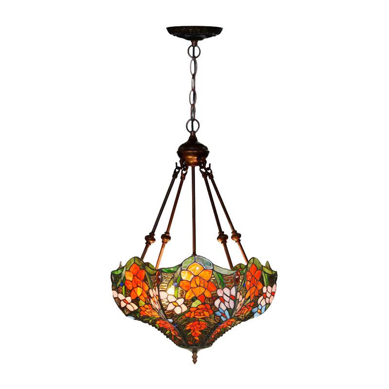 3 Lights Chandelier Pendant Light Mediterranean Flower Stained Art Glass Hanging Lamp - Rebooters
