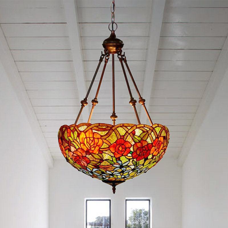3 Lights Chandelier Pendant Light Mediterranean Flower Stained Art Glass Hanging Lamp - Rebooters
