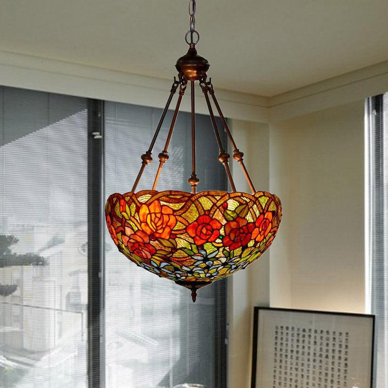 3 Lights Chandelier Pendant Light Mediterranean Flower Stained Art Glass Hanging Lamp - Rebooters