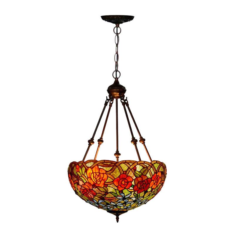 3 Lights Chandelier Pendant Light Mediterranean Flower Stained Art Glass Hanging Lamp - Rebooters