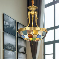 3 Lights Tiffany Chandelier Lighting Bowl Shade Cut Glass Suspension Pendant Light in Blue Textured Silver for Kitchen - Rebooters