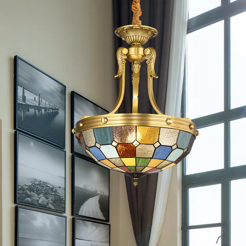 3 Lights Tiffany Chandelier Lighting Bowl Shade Cut Glass Suspension Pendant Light in Blue Textured Silver for Kitchen - Rebooters