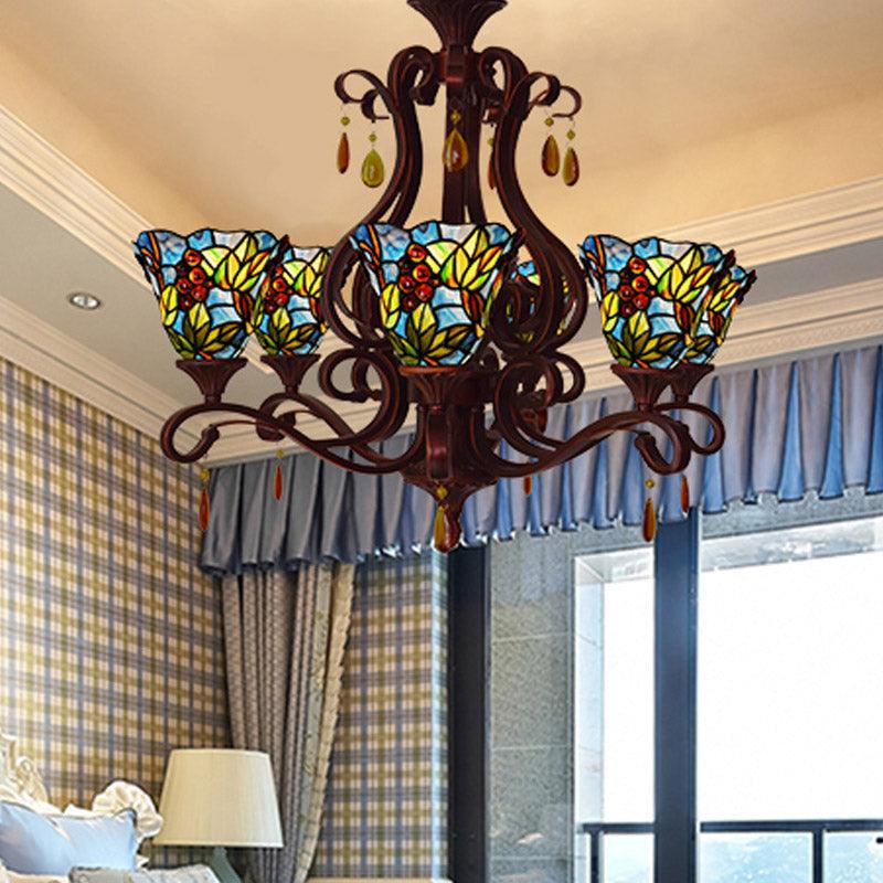 6 Lights Bedroom Ceiling Chandelier Victorian Red Pink Blue Drop Pendant Floral Stained Glass Shade - Rebooters