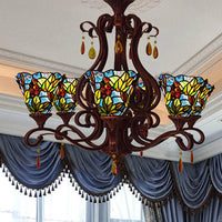 6 Lights Bedroom Ceiling Chandelier Victorian Red Pink Blue Drop Pendant Floral Stained Glass Shade - Rebooters