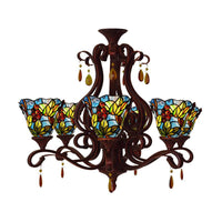 6 Lights Bedroom Ceiling Chandelier Victorian Red Pink Blue Drop Pendant Floral Stained Glass Shade - Rebooters