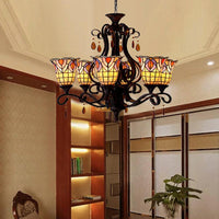 6 Lights Bedroom Ceiling Chandelier Victorian Red Pink Blue Drop Pendant Floral Stained Glass Shade - Rebooters