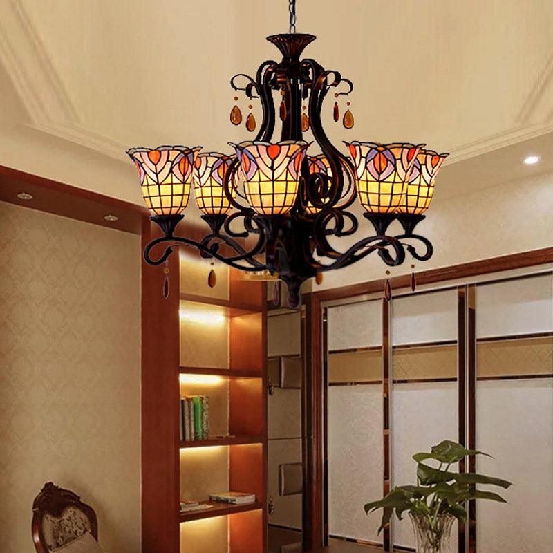 6 Lights Bedroom Ceiling Chandelier Victorian Red Pink Blue Drop Pendant Floral Stained Glass Shade - Rebooters