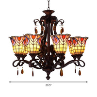 6 Lights Bedroom Ceiling Chandelier Victorian Red Pink Blue Drop Pendant Floral Stained Glass Shade - Rebooters