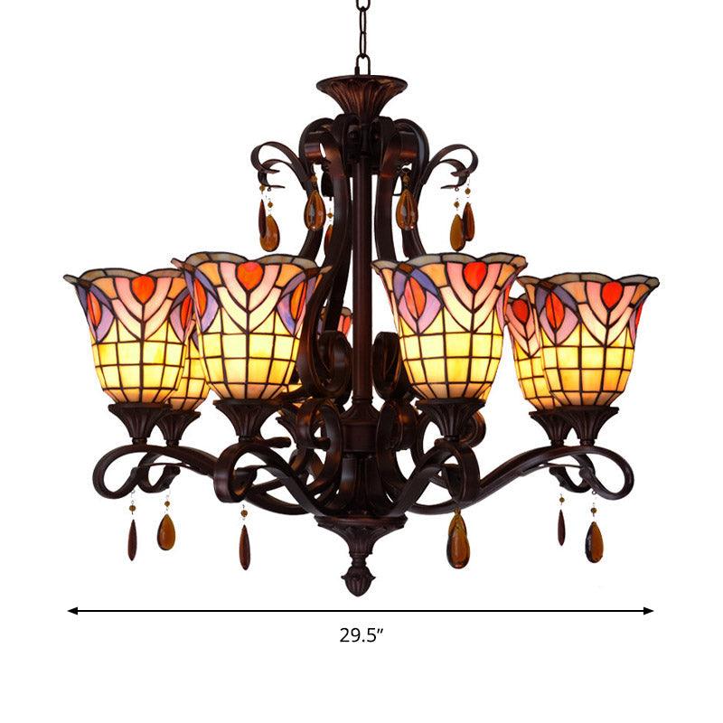 6 Lights Bedroom Ceiling Chandelier Victorian Red Pink Blue Drop Pendant Floral Stained Glass Shade - Rebooters