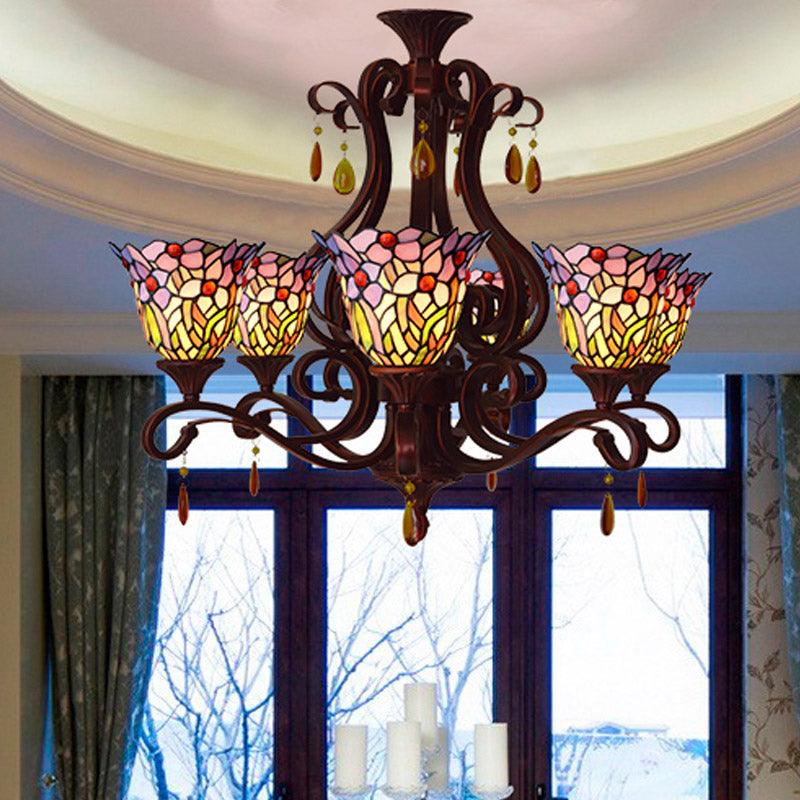 6 Lights Bedroom Ceiling Chandelier Victorian Red Pink Blue Drop Pendant Floral Stained Glass Shade - Rebooters