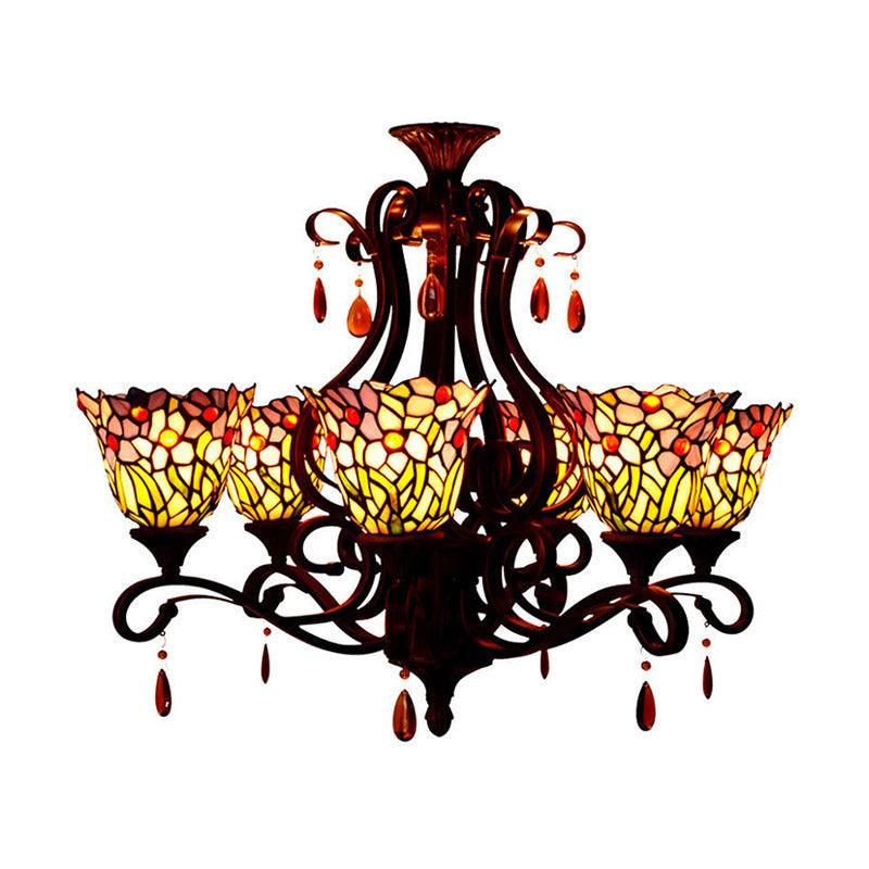 6 Lights Bedroom Ceiling Chandelier Victorian Red Pink Blue Drop Pendant Floral Stained Glass Shade - Rebooters