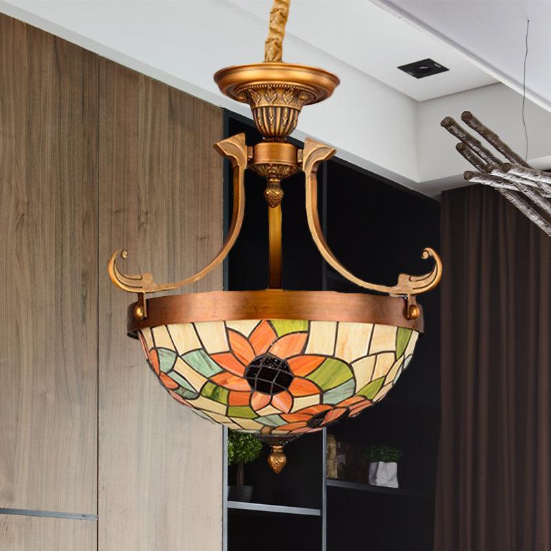 16"/18" W Flower/Leaf Chandelier Light Fixture 3 Lights Stained Glass Victorian Hanging Lamp Kit - Rebooters