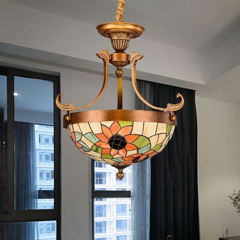 16"/18" W Flower/Leaf Chandelier Light Fixture 3 Lights Stained Glass Victorian Hanging Lamp Kit - Rebooters