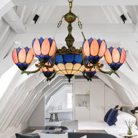 7 Lights Chandelier Lighting Tiffany Floral Stained Glass Drop Pendant in Pink for Living Room - Rebooters