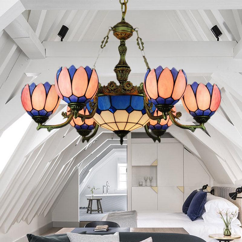 7 Lights Chandelier Lighting Tiffany Floral Stained Glass Drop Pendant in Pink for Living Room - Rebooters