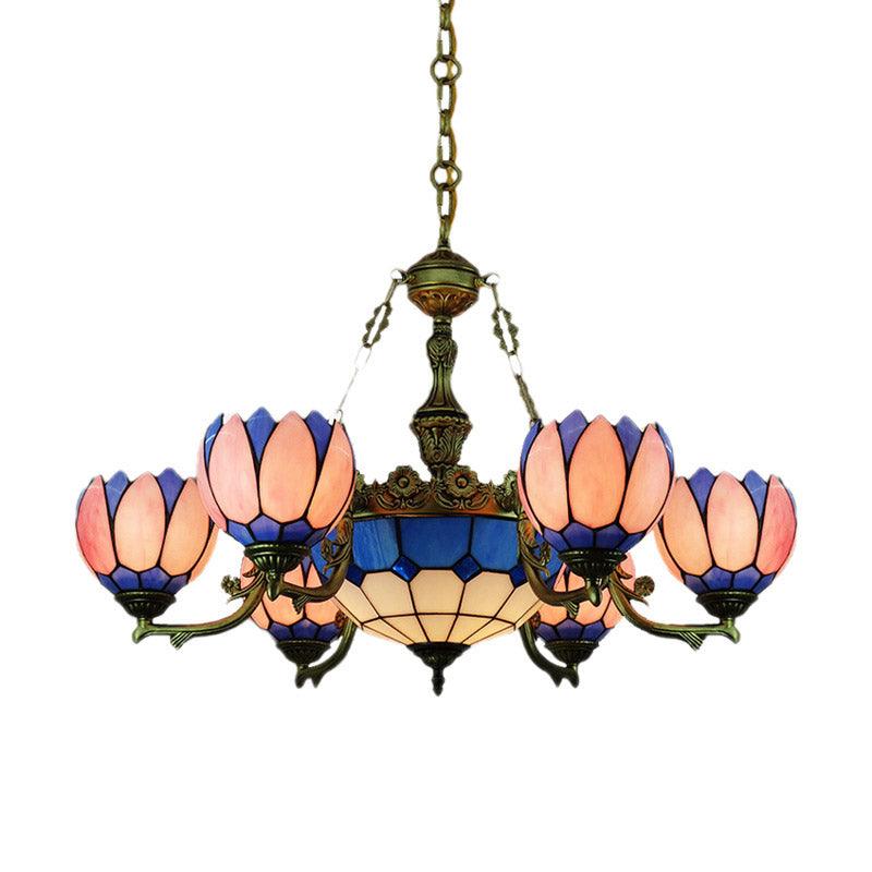 7 Lights Chandelier Lighting Tiffany Floral Stained Glass Drop Pendant in Pink for Living Room - Rebooters