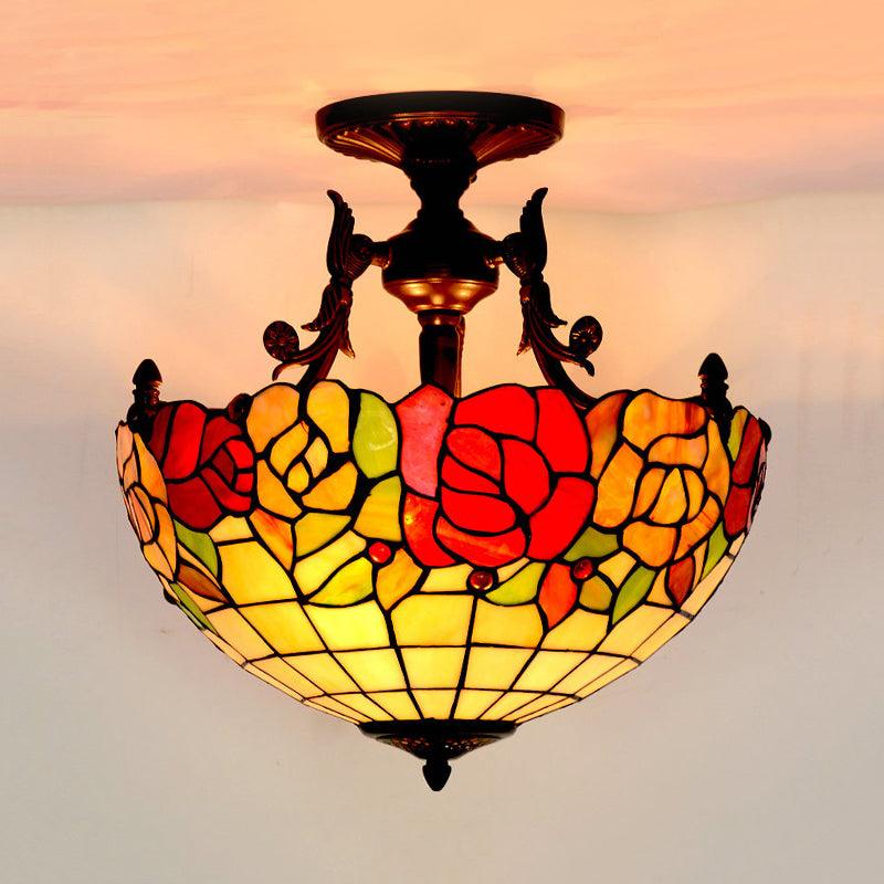 3 Lights Semi Flush Mediterranean Flower Stained Glass Light - Rebooters