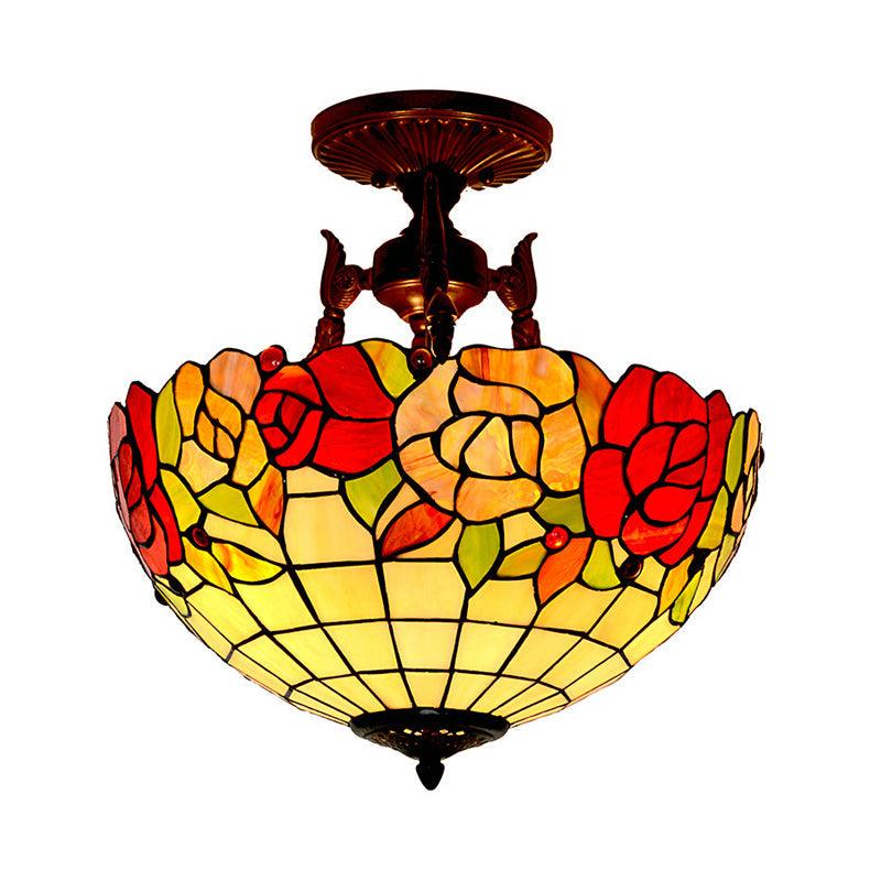 3 Lights Semi Flush Mediterranean Flower Stained Glass Light - Rebooters