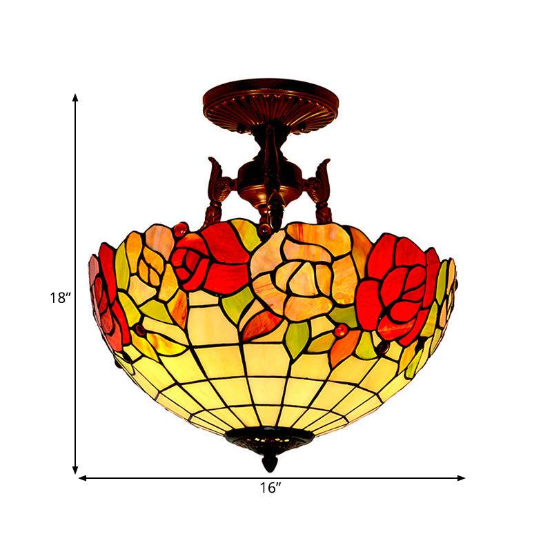 3 Lights Semi Flush Mediterranean Flower Stained Glass Light - Rebooters